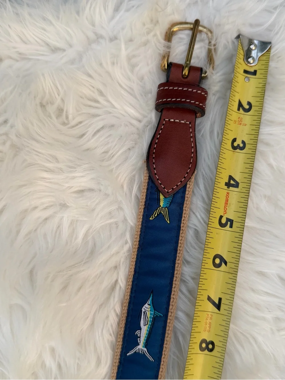 Preston classic Blue Fish Adjustable Strap Brown Leather Accent sz 38 long 44 in